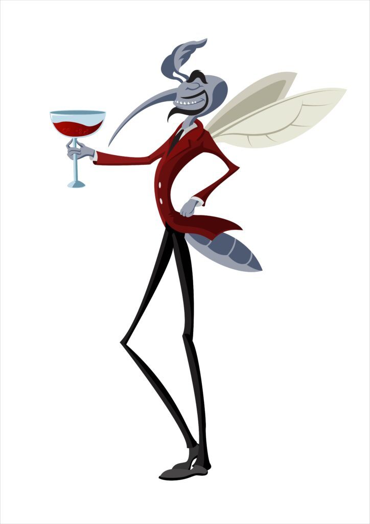 Mosquito drinking blood in a red wine glass